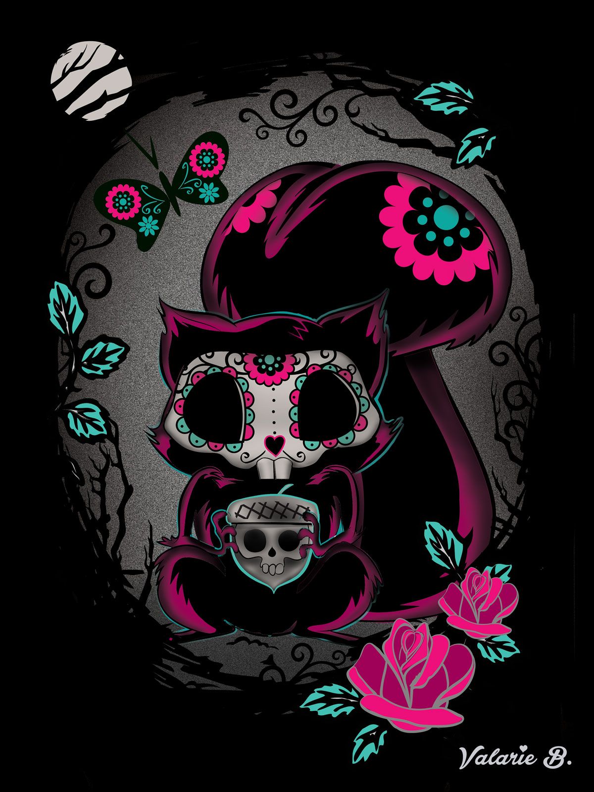 Squirrel. Illustration of a squirrel with a sugar skull face and a pink flower on its big tail, holding a skull-shaped acorn, in a moonlit forest with a sugar skull butterfly and pink roses.