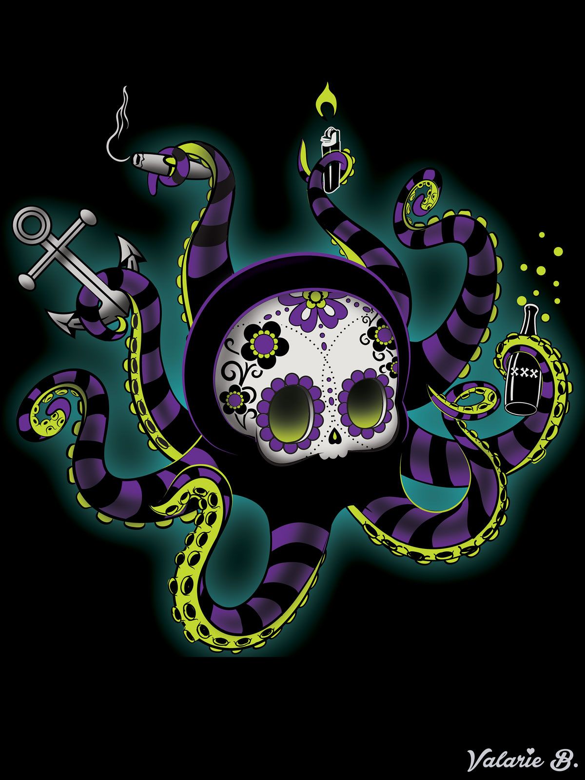 Dead Octopus. Poster illustration of an octopus with a sugar skull head and purple and black striped tentacles holding an anchor, a cigar, a lighter and a bottle marked XXX, with a teal glow on black.