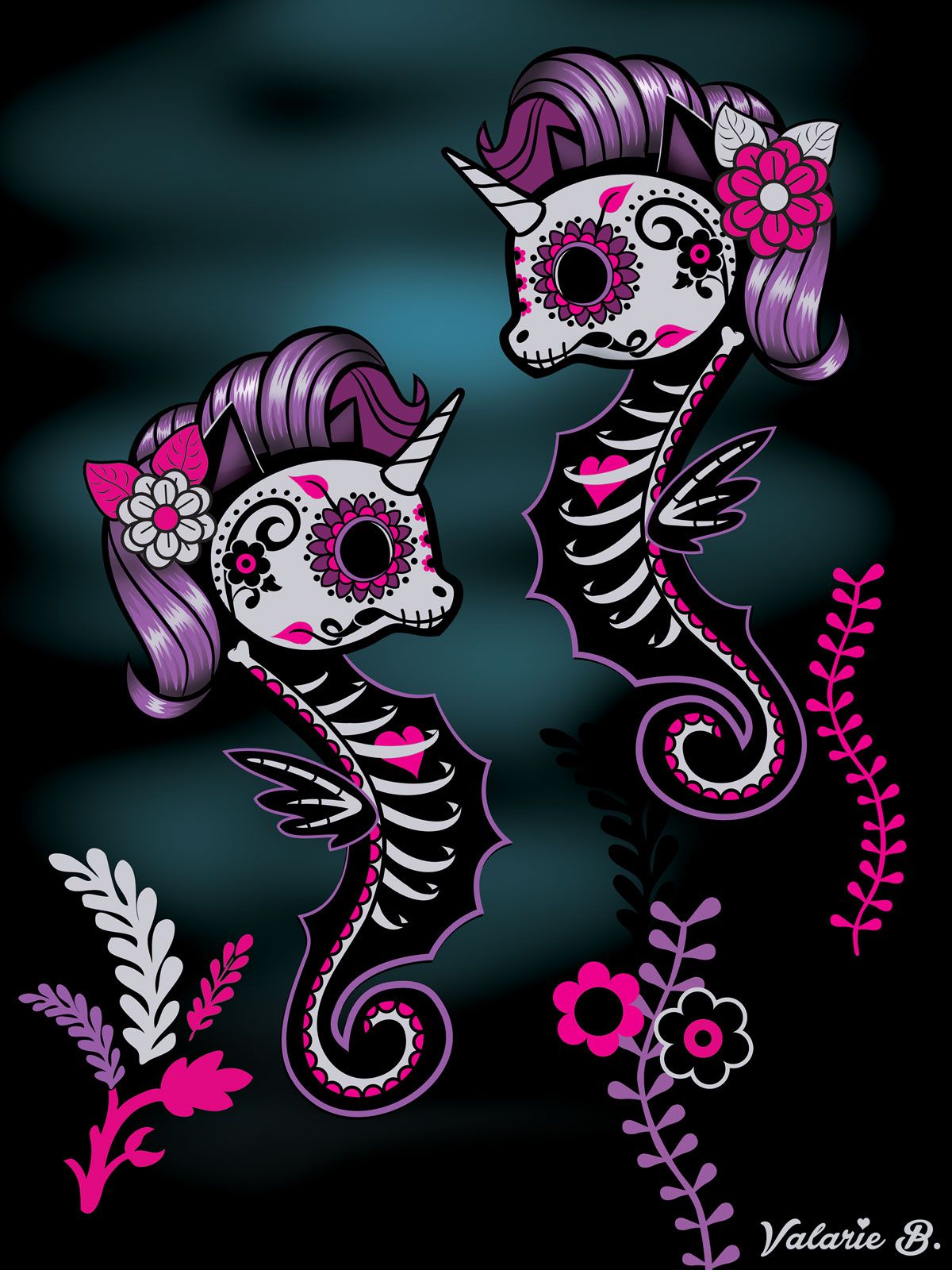 Sea Skellicorns. Poster illustration of two seahorses with unicorn horns, sugar skull faces, lavender manes and skeletal bodies with pink hearts, floating among pink, purple and white seaweed on dark teal.