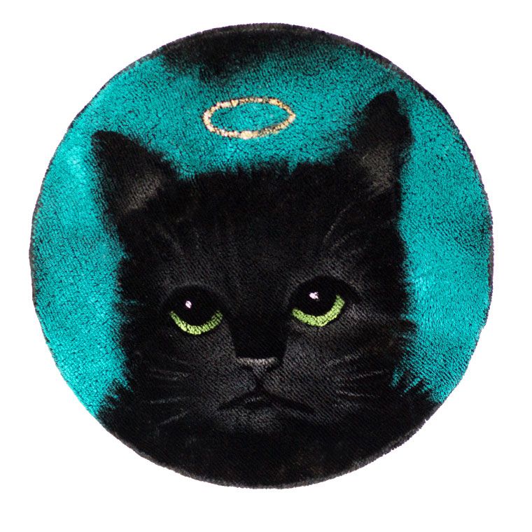 Coaster: Jack Kitty. A black cat with green eyes and a gold halo above its head on a teal background, painted on round black velvet.