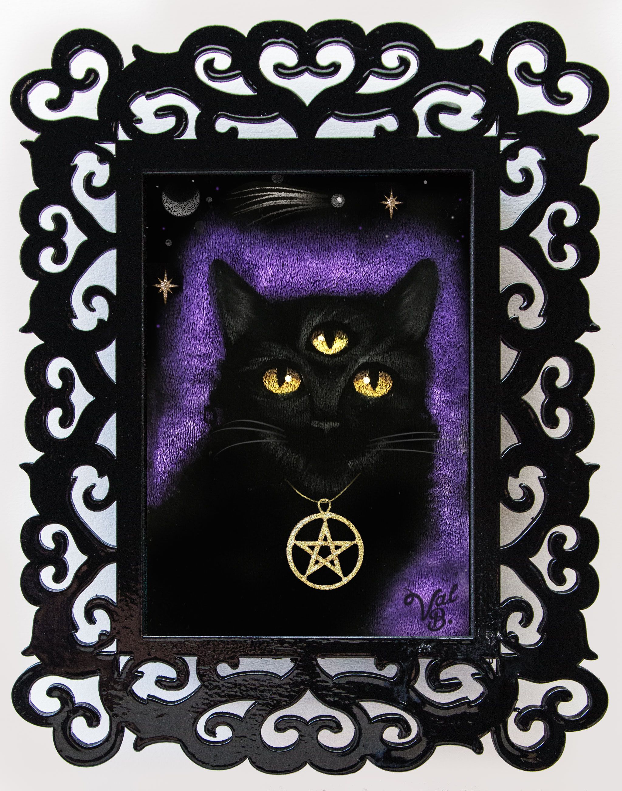 3-Eyed Kitty On Velvet. A black cat with three golden eyes and a gold pentacle pendant, against a purple glow with stars, a crescent moon and a shooting star. Painted on black velvet in an ornate black filigree frame.