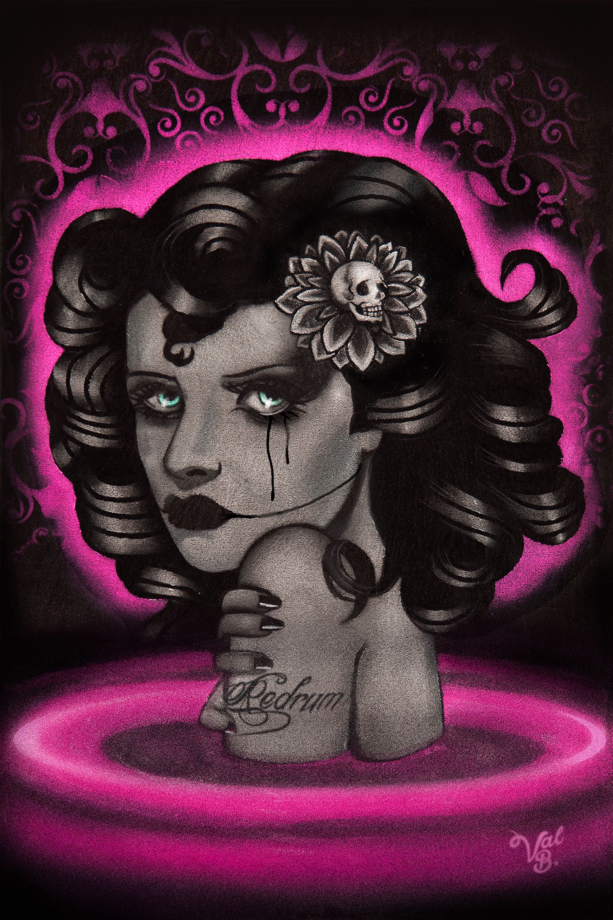 Black Dahlia On Velvet. A pale woman with black pin curls and a skull flower in her hair cries black tears, a thin cut running from the corner of her mouth across her cheek, one hand on her shoulder, which is tattooed Redrum. She rises from a pool of pink light below pink filigree, painted on black velvet.