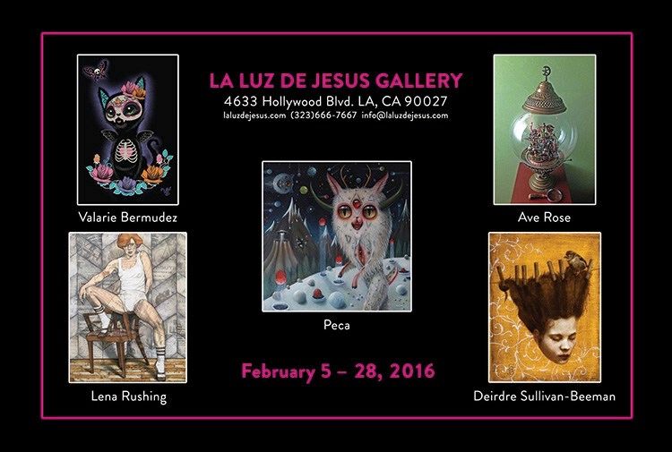 Black postcard with a pink border for La Luz de Jesus Gallery, showing one artwork by each of the five special guests, including Valarie Bermudez's Kitty Rose on Velvet.