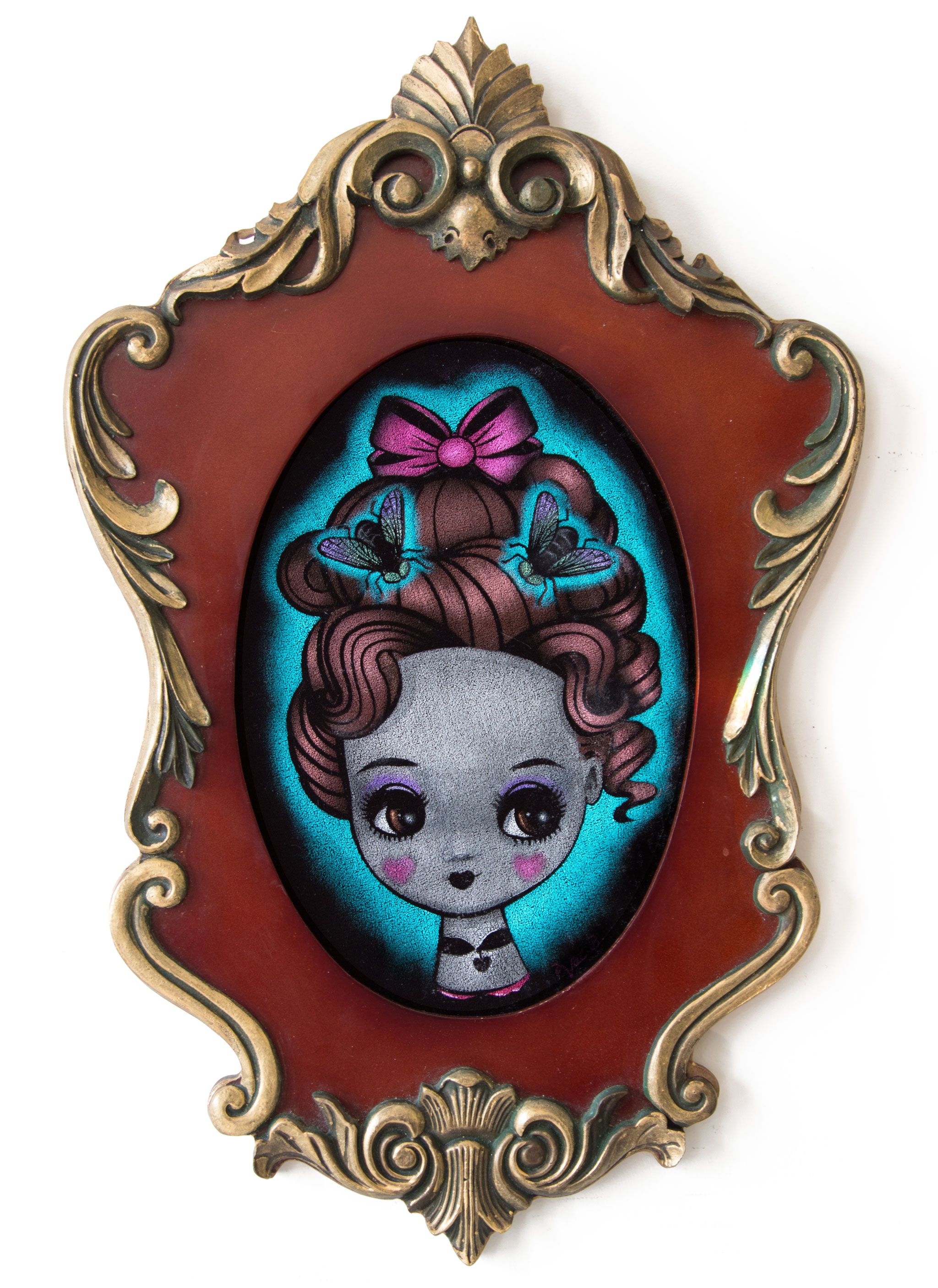 Pretty Little Head On Velvet. A doll-like girl with big brown eyes, pink cheeks and auburn hair piled high with a pink bow and two flies, on a turquoise glow. Painted on black velvet in an oval mount inside an ornate gold and red frame.